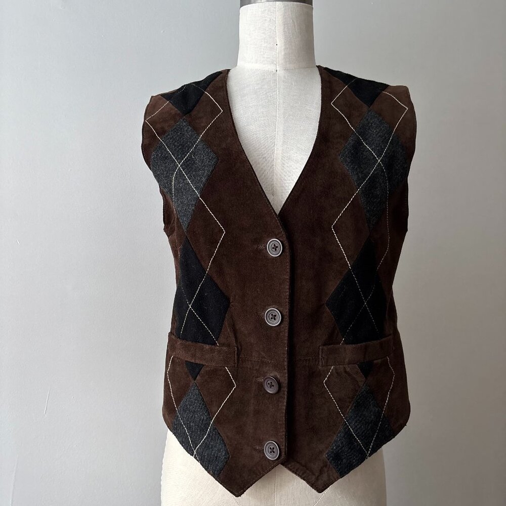 SALE  1990s Suede & Wool Argyle Vest | Vintage Brown Vest